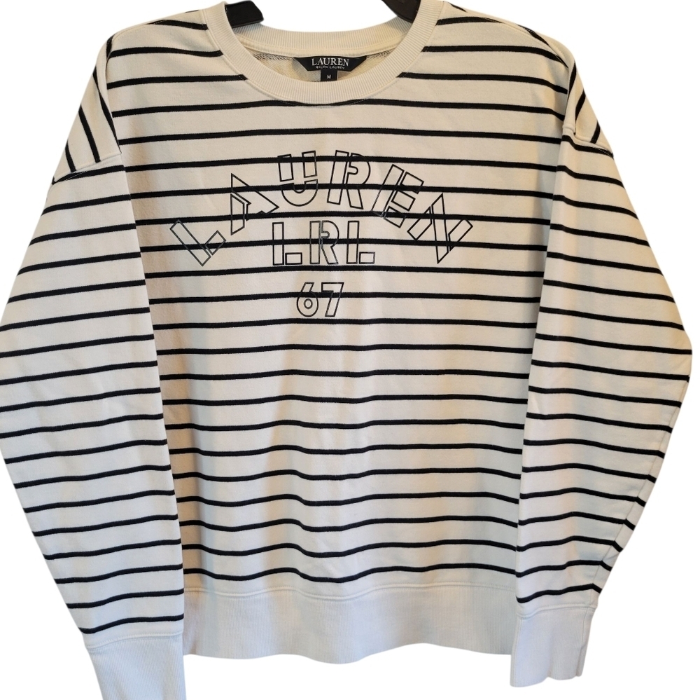 Lauren Ralph Lauren Black White Striped Long Sleeve Sweatshirt Shirt Blouse